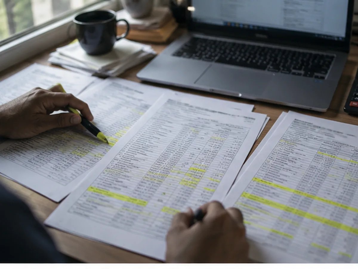 Bank statements being reconciled line by line on a finance desk